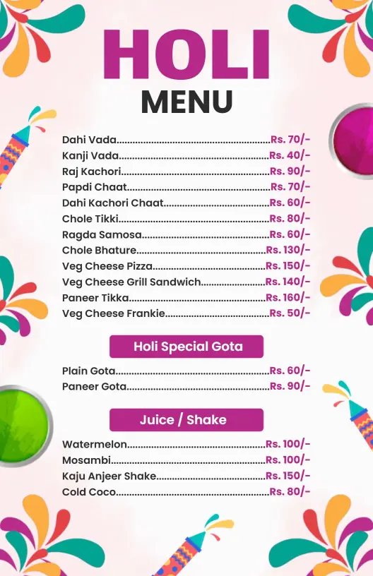 Vibrant Holi Theme Color Splash Menu Template