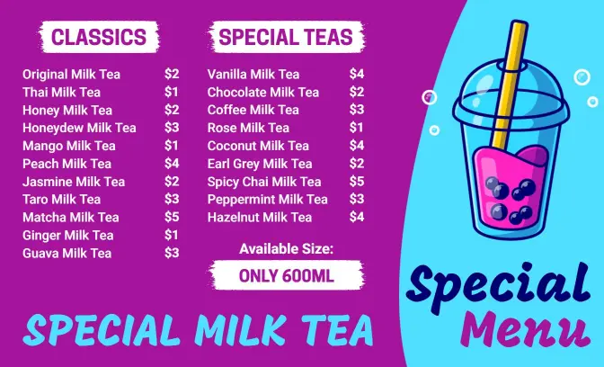 Vibrant Illustrated Classic and Special Tea Menu Template