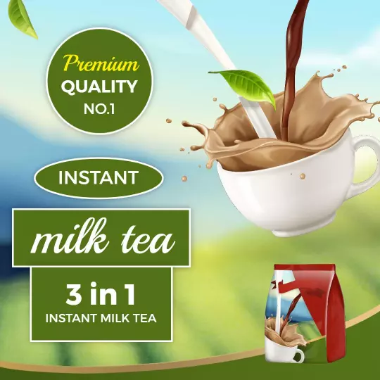 Vibrant Instant Milk Tea Splash with Premium Quality Badge Ad Template