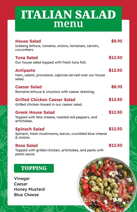 Vibrant Italian Style Caesar and Tuna Salad Menu Template