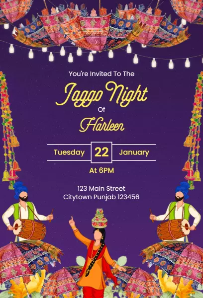 Vibrant Jaggo Night Punjabi Celebration Ceremony Invitation Template