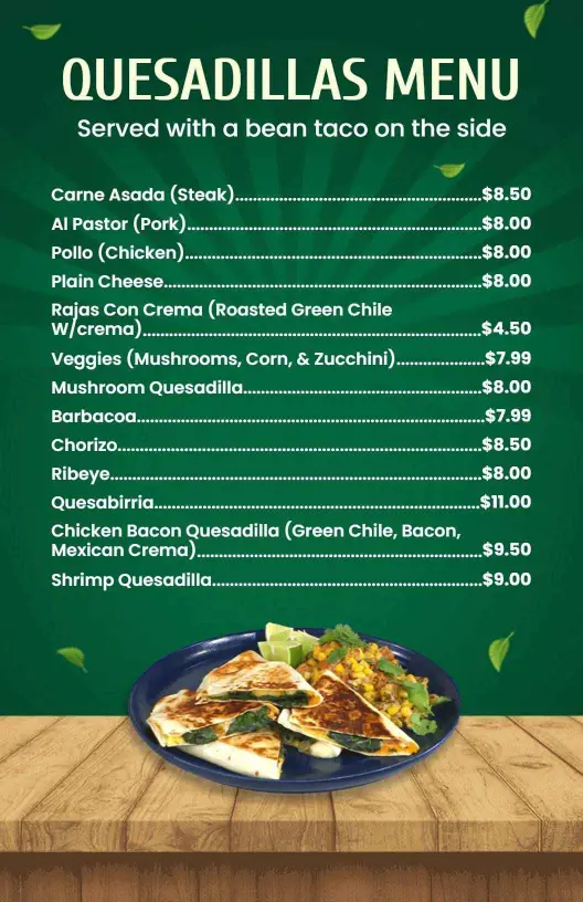 Vibrant Leafy Green Mexican Quesadilla Menu Template