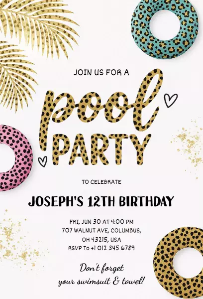 Vibrant Leopard Print Pool Party Birthday Invitation Template