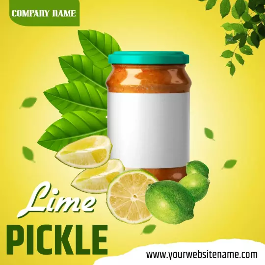 Vibrant Lime Pickle with Fresh Lemons and Green Leaves Ad Template