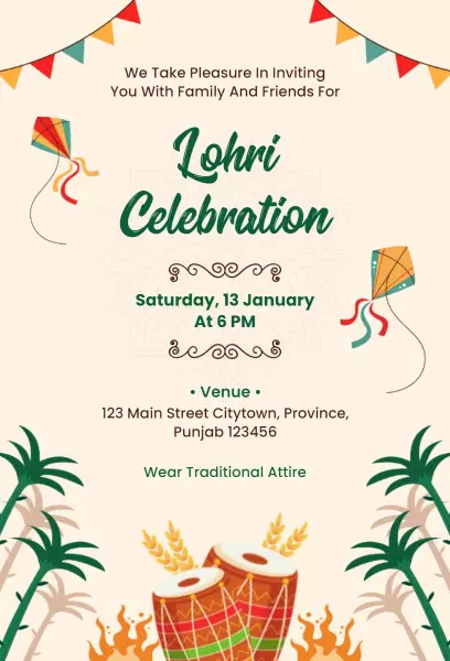 Vibrant Lohri Cultural Celebration Family Gathering Invitation Template