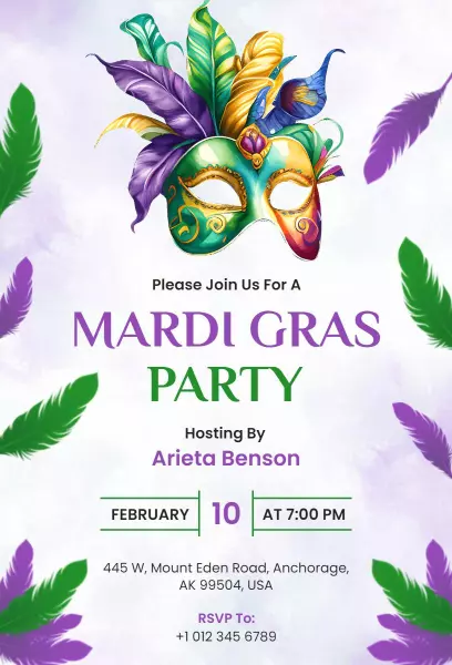 Vibrant Mardi Gras Festive Masquerade Party Invitation Template