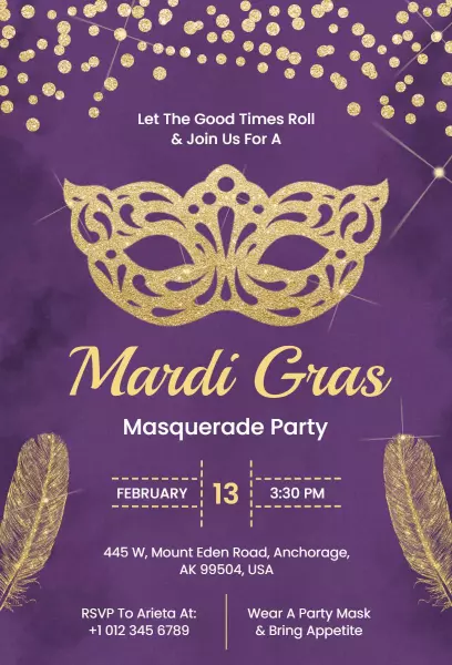 Vibrant Mardi Gras Masquerade Party Celebration Invitation Template