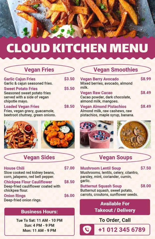Vibrant Maroon Cloud Kitchen Sides and Soups Menu Template
