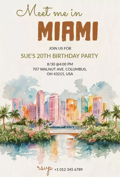 Vibrant Miami Theme 20th Birthday Celebration Invitation Template