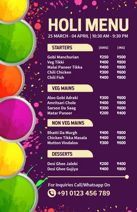 Vibrant Multicolor Holi Festival Menu Template