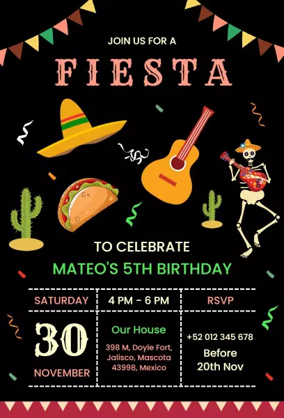 Vibrant Musical Fiesta 5th Birthday Celebration Invitation Template