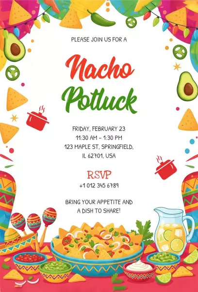 Vibrant Nacho Potluck Fiesta Celebration Invitation Template