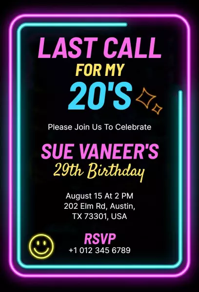Vibrant Neon 29th Birthday Celebration Invitation Template