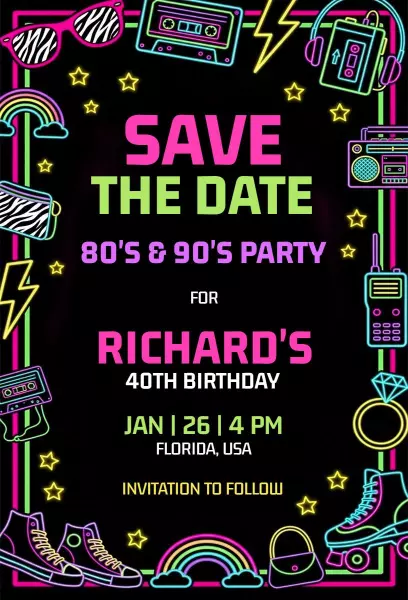 Vibrant Neon 80s and 90s Birthday Celebration Invitation Template
