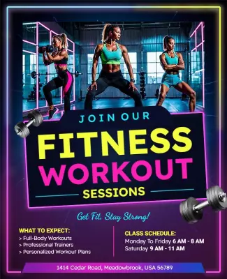Vibrant Neon Fitness Workout Sessions Poster Template