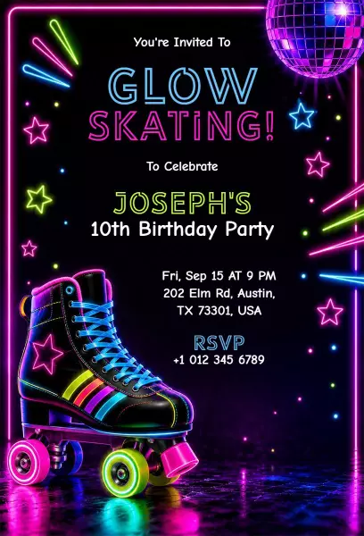 Vibrant Neon Glow Skating Party 10th Birthday Invitation Template
