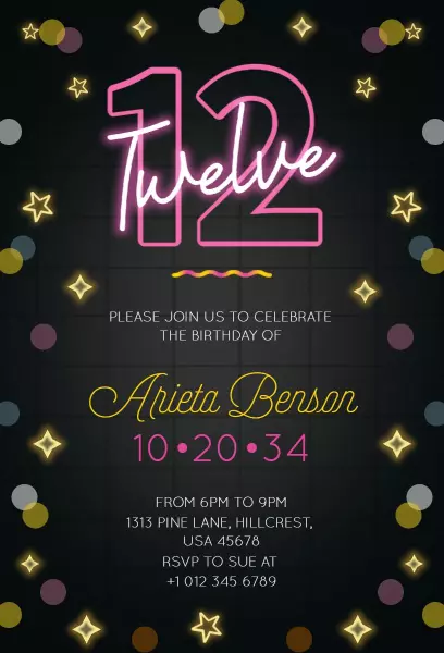 Vibrant Neon Glow Twelve Birthday Celebration Invitation Template