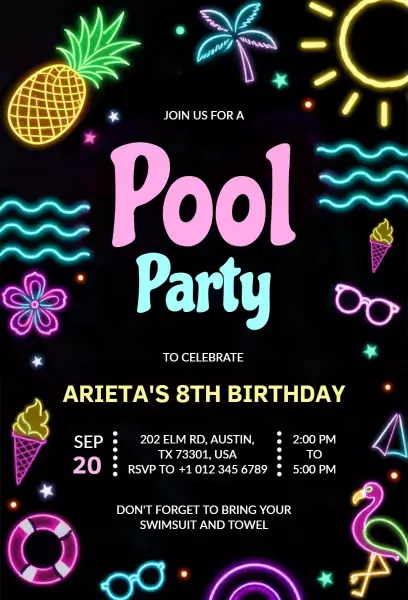 Vibrant Neon Pool Party Birthday Celebration Invitation Template