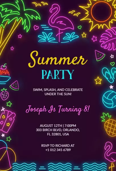 Vibrant Neon Summer Pool Party Birthday Invitation Template