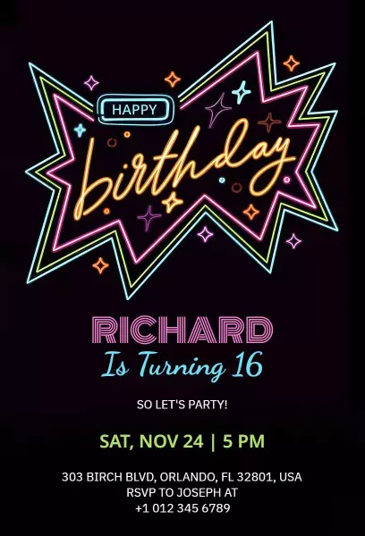 Vibrant Neon Superstar 16th Birthday Celebration Invitation Template