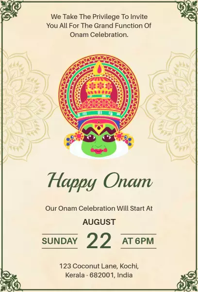 Vibrant Onam Celebration Festive Gathering Invitation Template