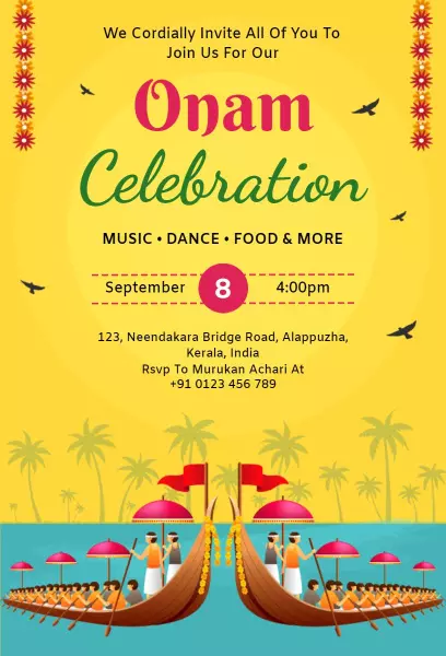Vibrant Onam Festival Music Dance Celebration Invitation Template