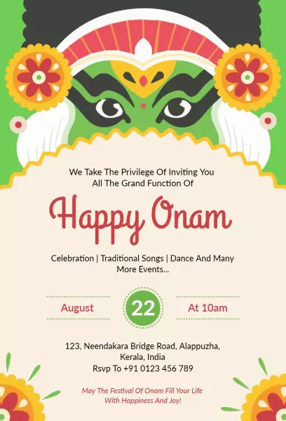 Vibrant Onam Festival Traditional Celebration Invitation Template