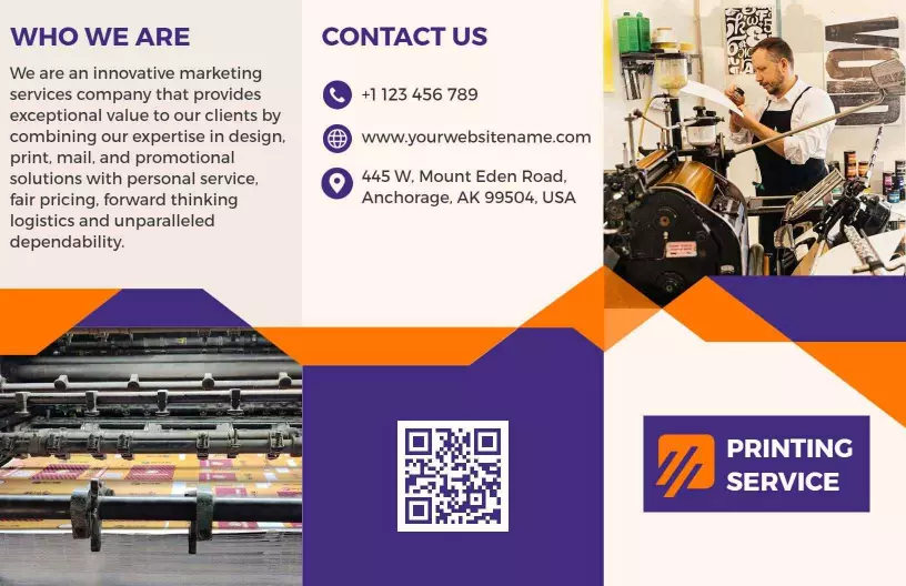 Vibrant Orange and Purple Printing Service Tri Fold Brochure Template