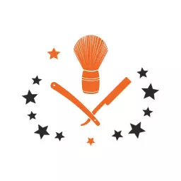Vibrant Orange Barber Tools Surrounded by Stars Logo Template