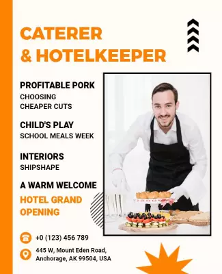 Vibrant Orange Caterer and Hotelkeeper Grand Opening Poster Template