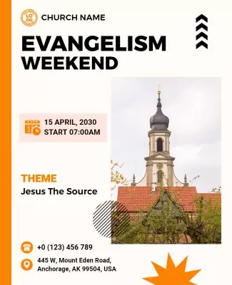 Vibrant Orange Evangelism Weekend Church Event Poster Template