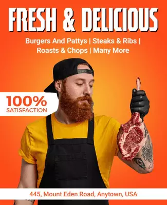 Vibrant Orange Fresh & Delicious Meat Promotion Flyer Template