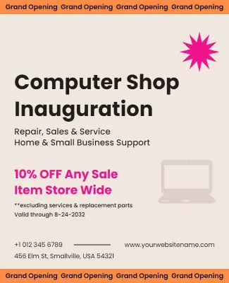 Vibrant Orange Grand Opening Computer Shop Inauguration Poster Template