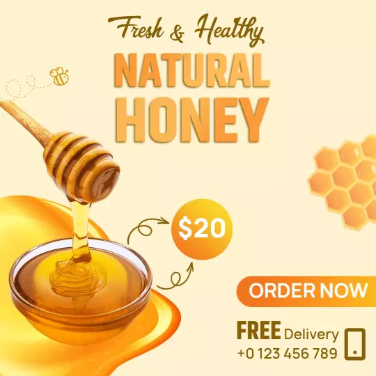 Vibrant Orange Honey Jar with Fresh Natural Honey Ad Template