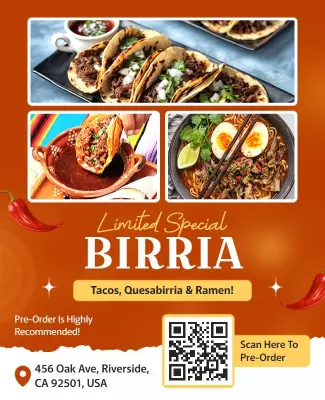 Vibrant Orange Limited Birria Tacos and Ramen Poster Template