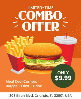 Vibrant Orange Limited-Time Burger Combo Offer Poster Template