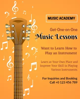 Vibrant Orange Music Academy One-on-One Lessons Flyer Template