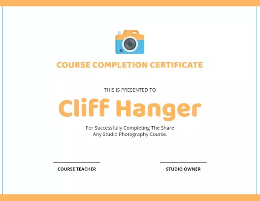 Vibrant Orange Photography Course Completion Certificate Template