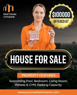 Vibrant Orange Real Estate House for Sale Poster Template
