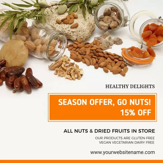 Vibrant Orange Seasonal Offer for Healthy Nuts and Dried Fruits Ad Template