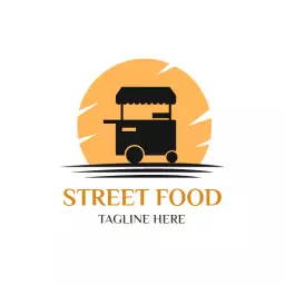 Vibrant Orange Sun Setting Behind Street Food Cart Logo Template