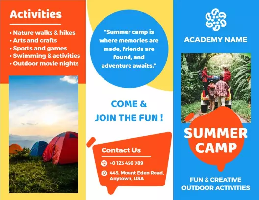 Vibrant Outdoor Activities Summer Camp Fun and Adventure Brochure Template