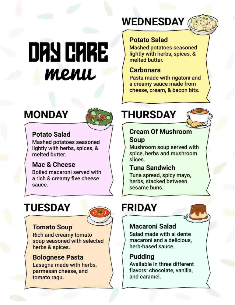 Vibrant Pastel Day Care Weekly Nutrition Plan Menu Template