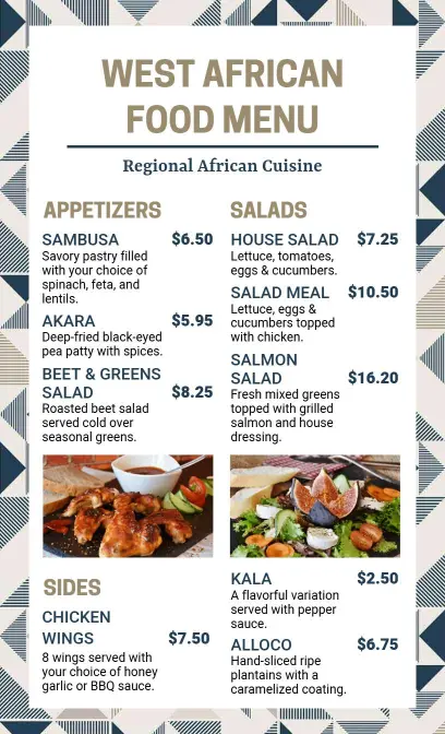 Vibrant Patterned West African Dish Selection Menu Template