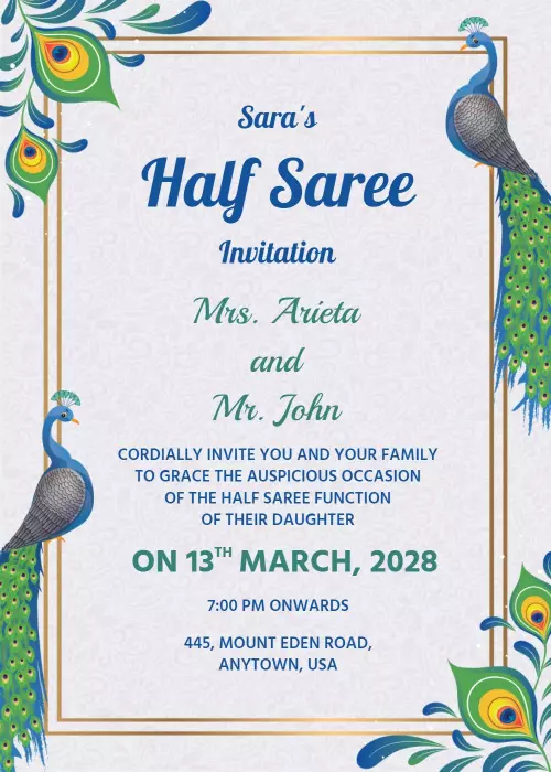 Vibrant Peacock Theme Half Saree Ceremony Invitation Template