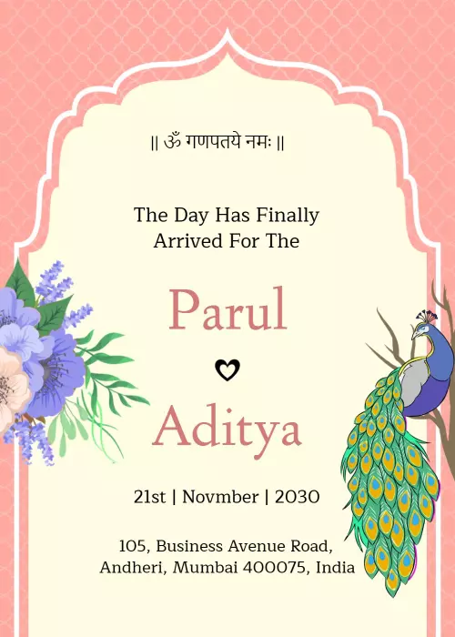 Vibrant Peacock Theme Indian Wedding Ceremony Invitation Template