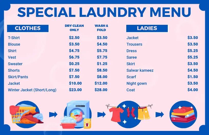 Vibrant Pink and Blue Laundry Service Pricing Menu Template
