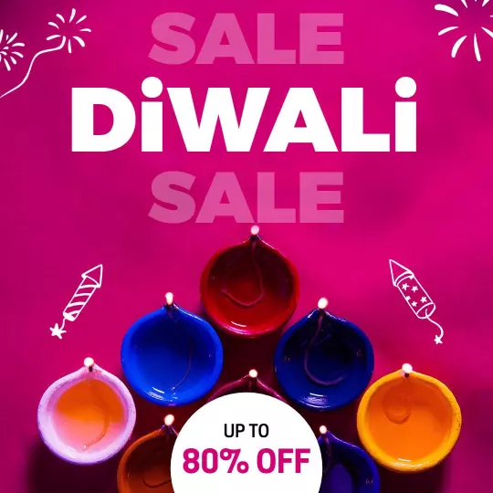 Vibrant Pink Diwali Sale with Colorful Diyas and Discounts Ad Template