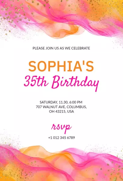 Vibrant Pink Gold Wave 35th Birthday Celebration Invitation Template