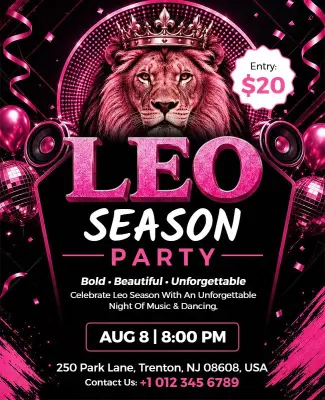 Vibrant Pink Leo Season Party Celebration Flyer Template